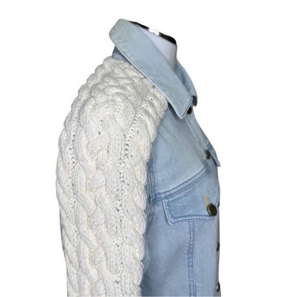 $495 TANYA TAYLOR Percy Denim Jacket with Cable-Knit Trim Sz S - Picture 6 of 11